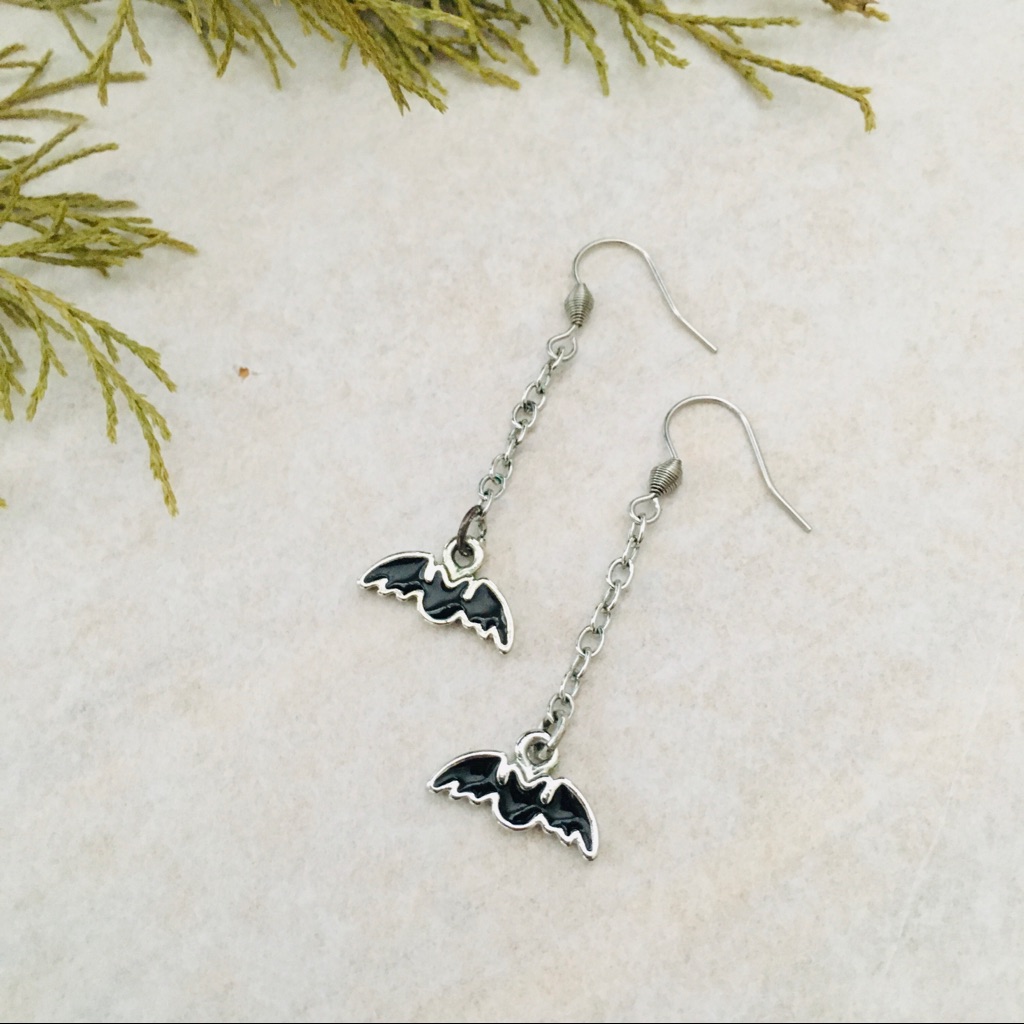 Black Silver Small Batman Pendant Dangle Earrings